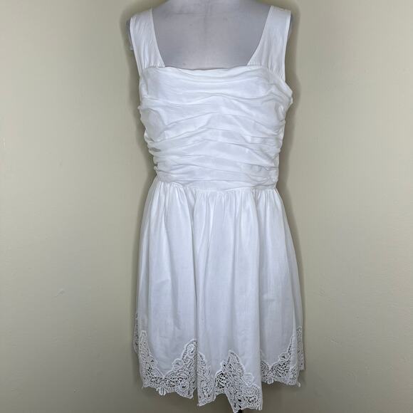 Melonie T Dress 14 White Crochet Hem Lace Ruched Fit & Flare A-Line Square Neck - Picture 1 of 12